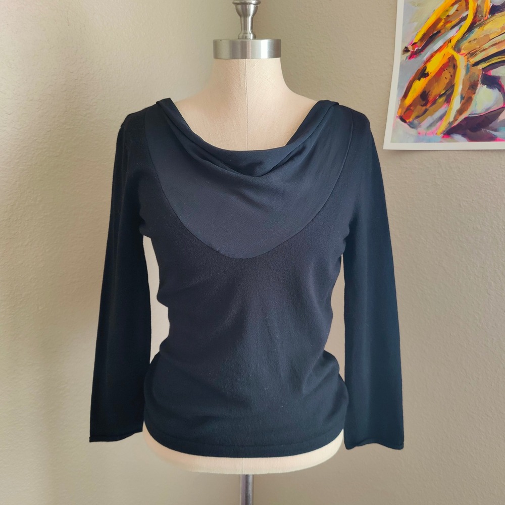 Y2K Nine West Knit Top‎ Silk Drape Neckline 3/4 Sleeve 90s Minimalism Stretch M